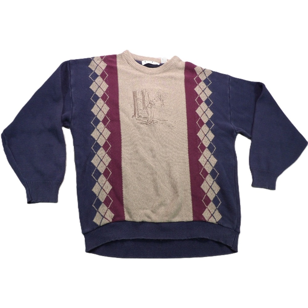 VTG Cypress Links Golfwear Sweater Men XL Blue Argyle Cotton USA Made 90s Preppy